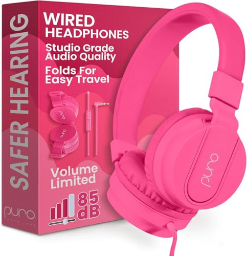 Puro Sound Labs PuroBasic Volume Limiting Wired Headphones for Kids, Foldable and Adjustable Headband with Microphone, Compatible with Smartphones, Tablets and PC - Pink