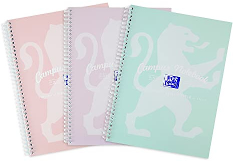Oxford Campus Pastel A4 Notebooks, 140 Page Wirebound Pads with Premium Optik Paper+, Easy Tear Perforation, 8 mm Lined with Margin, Pack of 3 Notepads
