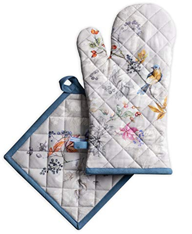 Maison d' Hermine Equinoxe - Grey Set di guanti da forno in 100% cotone (19cm x 33cm) e supporto per pentole (20cm x 20cm) per barbecue, cottura al forno a microonde, autunno/inverno