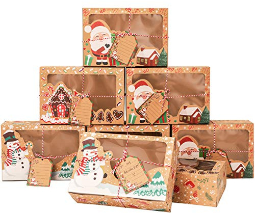 Qpout 12Stk Keksverpackungen Weihnachten Keksschachtel mit Sichtfenster und DIY Karten, Kekse Verpackung Weinachten Schachtel Deko Geschenk Box Kekstüten Papier Groß Keksboxen für Plätzchen