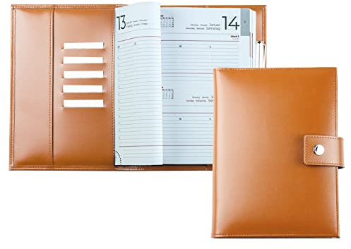 DELMON VARONE - Personalisierbarer Buch-Kalender DIN A5 2026 + 2027 Cambridge Top Grain Leder Braun - Familienplaner Organizer 1 Tag 1 Seite -Kalender-Buch Druckknopf, Stiftschlaufe & Einschubfächer