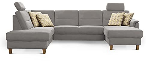 CAVADORE U-Form-Sofa Palera / Federkern-Wohnlandschaft mit Schlaffunktion, Stauraum und 2 Kopfstützen / 314 x 89 x 212 / Mikrofaser, Hellgrau