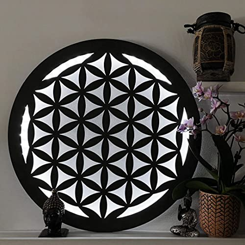 K&L Wall Art Hinterleuchtetes Wandbild aus Holz 50cm groß Holzbild Blume LED Leuchtring mit RGB Beleuchtung Farbwechsel Dimmbar (Ø 50cm, Blume des Lebens)