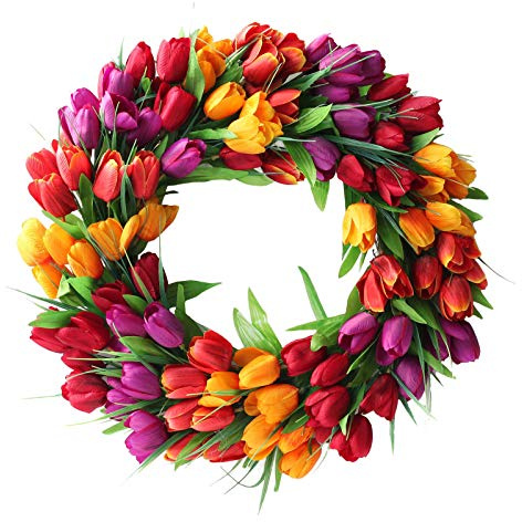 SJDWDX Artificial Tulip Wreath, 20 Inch Fake Tulip Flower Wreath for Front Door, Spring Silk Floral Wreath Natural Rattan Wreath for Home Wall Wedding Office Party Decor