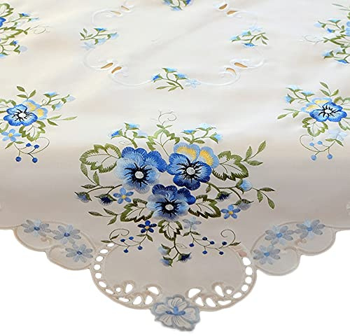 matches21 HOME & HOBBY Tischdecke Elke 85 x 85 cm edle Stickerei mit blauen Stiefmütterchen & Cutwork aus Polyester