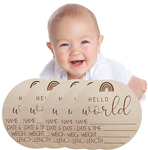 Schild für Neugeborene, Ankündigung, Holz, 5 Stück, 10,2 cm, Hello World, monatliche Meilensteinkarten, unlackierte Holzscheiben, Baby-Nameninformationen, Schild für Krankenhaus