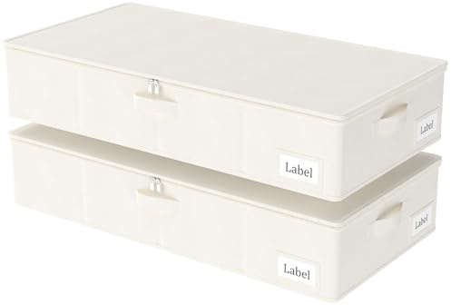 Yawinhe Foldable Underbed Storage Bags, Containers Bin with Lids, Large Under Bed Organizer Box, with Sturdy Zipper und Label Holders, for Clothing, 31.5''Lx15.7''Wx6''H, 2 Pack, Beige