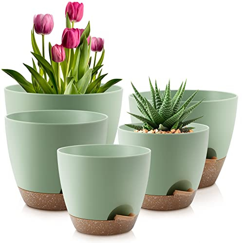 QRRICA Lot de 5 Pots de Fleurs en Plastique à arrosage Automatique avec Trous de Drainage et soucoupes - Pots de Fleurs en Plastique pour intérieur et extérieur (Vert)