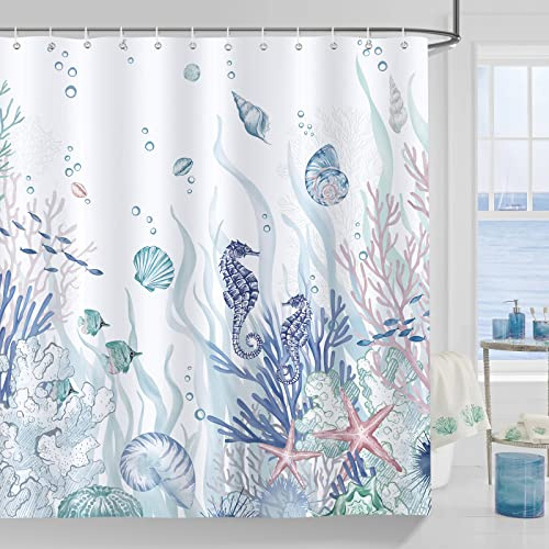 Bonhause Nautical Coastal Shower Curtain Coral Seahorse Beach Ocean Blue Bathroom Curtain 180 x 180 cm Waterproof Mildew & Mould Resistant Polyester Fabric Bath Curtain with 12 Hooks (BHS0125)