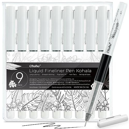 Ohuhu Liquid Fineliner Drawing Pens, Micro Pens Black Ink Pigment- 9 Assorted Point Sizes No Bleed Smooth Writing Fineliner Pens for Drawing Writing Sketching Journaling Artists Beginners