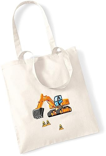 minimutz Jutebeutel bedruckt mit Bagger Baustelle | Stofftasche aus Baumwolle für Jungen | Kinderbeutel Tragetasche für Krippe, Kindergarten, Schule | nachhaltig & umweltfreundlich