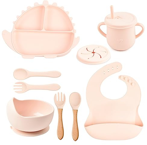 Baby Teller Kinderteller Sets 9 Stücke Rutschfest Silikon Geschirr Sets Rutschfest Babyteller Schüssel mit Saugnapf Lätzchen Löffel Gabel Kindergeschirr, BPA Frei