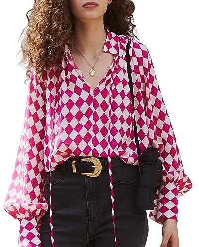 Silk Blouse for Women Elegant 100% Pure Mulberry Silk Shirts Womens Long Sleeve Luxurious Button-Down Shirt - V-Neck Cool Smooth Blouses Casual Fit Summer Fall Ladies Wife Tops,Pink White Checked,XL