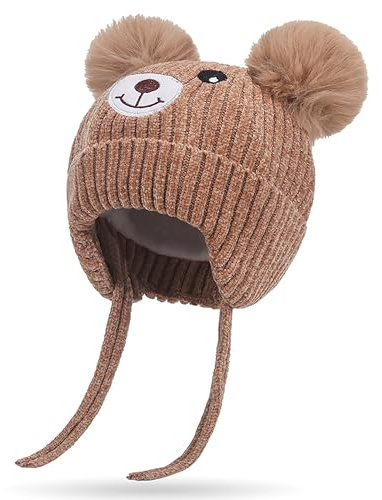Atsmoce® Gorros de Otoño e Invierno para Bebé Gorro de Punto con Forro Polar Gorro Cálido con Orejeras y Cintas Apto para niños de 3 Meses a 5 años (Caqui)