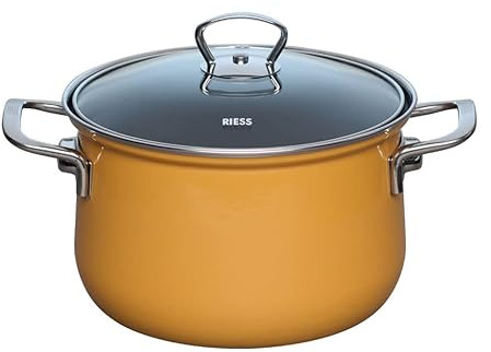 Riess, 0653-113, Topf mit Glasdeckel Ø 20cm, ORANGE, Emaille, Vol. (rec.): 3,5 Liter, Made in Österreich, LBH: 28,1x21,7x18,9cm, 1,770kg, Induktionskocher kompatibel, Gasherd geeignet, Ofenfest