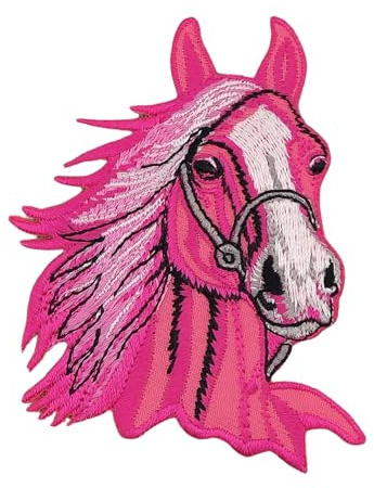 Pferd Kopf Rosa Reiten Aufnäher zum aufbügeln oder aufnähen Bügelbild Aufbügler für Kleidung gestickter Bügelflicken Applikation Patch Größe 6,5 x 8,3 cm