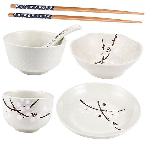 MAGICLULU Japanese Ceramic Tableware Set 6-Piece for Single Use Includes Bowl Plate Cup Spoon Chopsticks Green Color Practical Dining Set