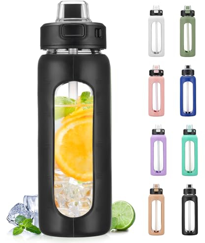 BLUEGO 700ml Bottiglia d'acqua in vetro con manico e cannuccia con manicotto in silicone per sport da palestra all'aperto Bottiglia d'acqua motivazionale a prova di perdite, Nero