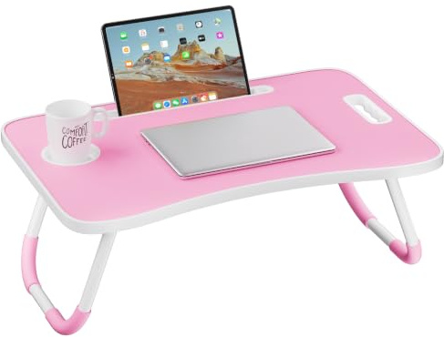Foldable Laptop Table, Portable Bed Tray with Cup Holder for Eating, Writing, Working on Bed, Sofa - Pink