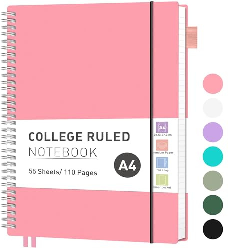 RETTACY Notebook A4 Lined, Lightweight Ring Binder, Diary 55 Sheets / 110 Pages for Writing, Notepad 100 GSM, College Ruled PVC Journal 21.5 x 27.9 cm - Pink