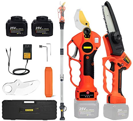 MEIVIYA Portable Electric Pruner 25V Cordless Pruner 40mm Electric Pruning Shear With Reach Extension Pole Electric 5Inch Chain Saw Bonsai Pruning Branch Cutter(Shears Saw Pole)