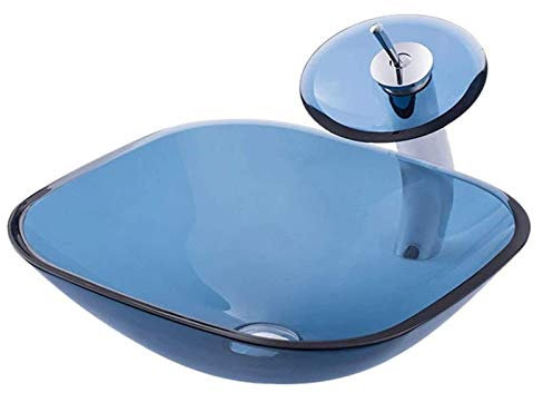 Vasque à Poser, Vasque de Salle de Bain Vasque d'art d'hôtel de Luxe Vasque de Salle de Bain en Verre trempé Bleu Transparent Vasque carrée de Salle de Bain Vasque Artistique combinée