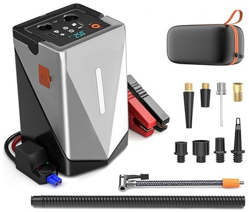 Démarreur multifonction avec pompe et souffleur gonflables sans fil, batterie portable de voiture avec éclairage d'urgence et fonctions de charge de téléphone portable pour véhicules diesel et essence