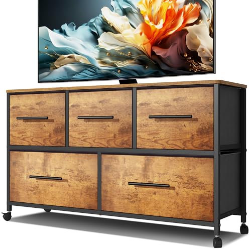 MYGIIVOVO Commode pour chambre à coucher avec 5 tiroirs en tissu, meuble TV avec 4 roulettes, unité de rangement pour salon, chambre d'enfant (rétro)