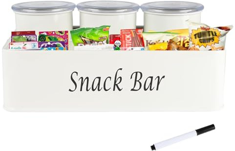 ZoeQide Snackbar Organizer Weiß, Metall Dosen mit Tablett für Kaffeebar | Süßigkeiten Aufbewahrung für Riegel, Chips und kleine Snacks, griffbereit auf Tisch, Sofabar, Wohnzimmer oder im Büroalltag
