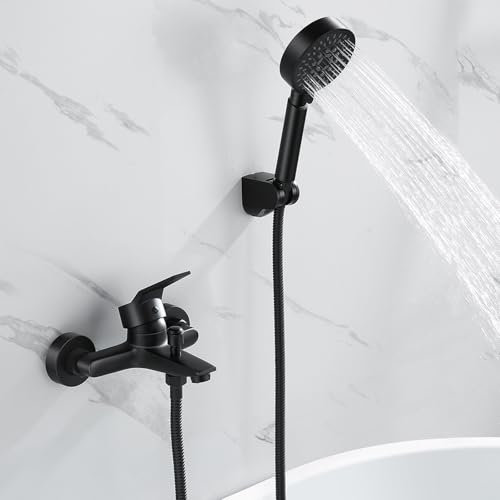 Auralum Mitigeur Baignoire, Robinet Baignoire avec Douchette 5 Jets, Robinet Salle Bain Baignoire Mural avec Flexible 1,5m Mitigeur Baignoire Noir