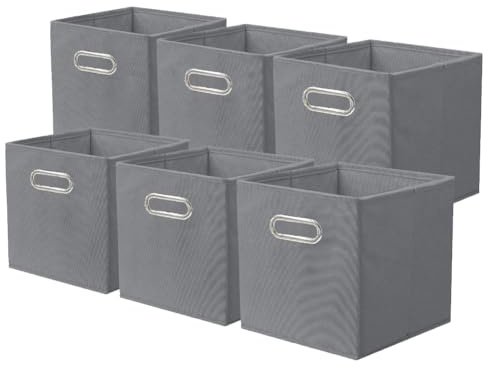 powerking Fabric Storage Box Bins, 6 Pack Foldable Cloth Storage Cube Organizer Drawer with Metal Handle For Closet And Toys Storage,Grey