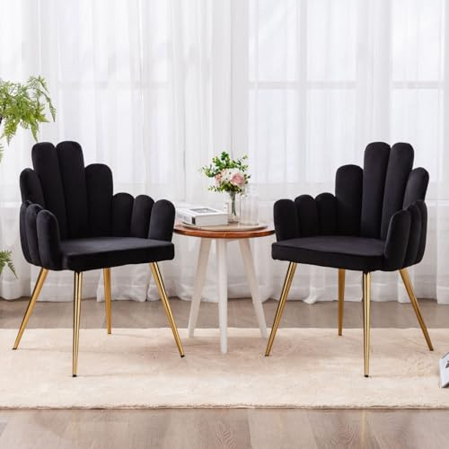 Ya-Home Esszimmerstühle 2er Set, Küchenstühle Samt, Muschel-Design, Schwarz | Polsterstuhl mit Rückenlehne & Metallbeinen, gepolsterter Armlehnensessel Akzentstühle für Schlafzimmer/Wohnzimmer