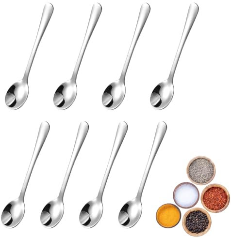 8 Pack Tiny Stainless Steel Spoons for Spice Jars, 7.5cm Mini Teaspoons for Salt Honey Seasoning Condiment Sugar and Powder Small Utensils Durable Design, Cute Small Scoops for Kitchen and Crafting