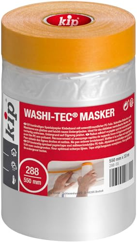 Kip WASHI-TEC® Masker – Professionelles Washi Tape mit Abdeckfolie für Maler 550 mm x 33 m | Selbstklebende Malerfolie zum Abdecken & Malerband zum Staubschutz und Fenster abkleben, UV-beständig