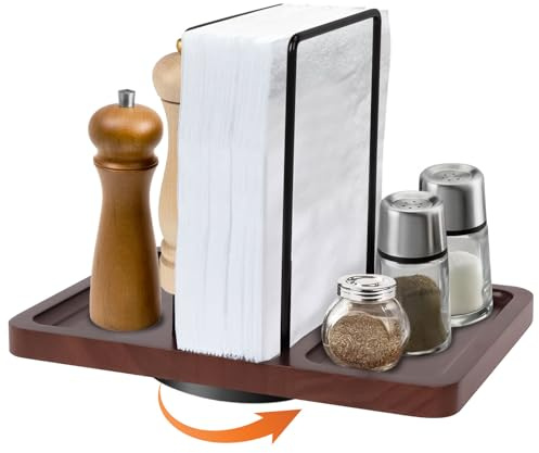 Yallmie Drehbarer Serviettenhalter, 360° Drehbar Serviettenhalter Holz und Metall mit Caddy für Salz- und Pfefferstreuern, Papierserviettenhalter Serviettenspender Stehend Serviettenständer