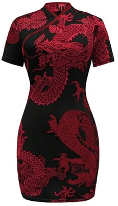 SOLY HUX Women's Cheongsam Dress Chinese Traditional Dragon Print Qipao Bodycon Mini Dress Black Red Dragon Small