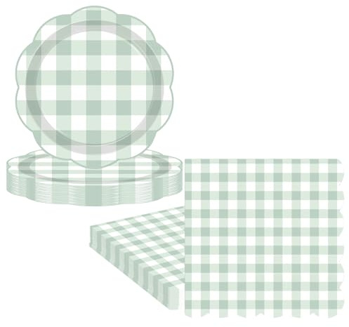 48Pcs Sage Checkered Paper Plates and Napkins Party Tableware Set,Gingham Scalloped Birthday Paper Dessert Plates Serviettes Disposable Tableware sets for Her Him Girls Women Baby Shower Table Decor