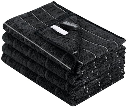 KinHwa Mikrofaser Geschirrtücher 45x65 cm 4er Set Schwarz fusselfrei | Saugstark, schnelltrocknend, streifenfrei. 260 g/m² Küchenhandtücher. Ideal für Geschirr und Gläser. Aufhängeschlaufe.