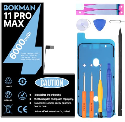 bokman Batterie pour iPhone 11 Pro Max, Batterie Haute capacité 6000mAh avec Kits d'outils Professionnels
