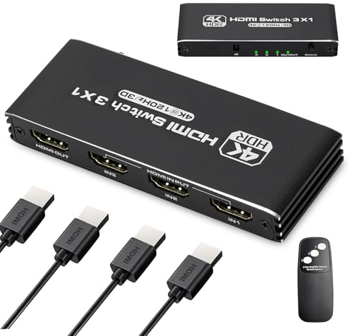 HDMI Switch 4K 120Hz, HDMI Splitter mit Fernbedienung, 2.0 Umschalter 3 in 1, 4 Port Selector Box Unterstützt 40Gbps Dol-by HDCP2.3 3D, HD-MI Switch Automatisch Kompatibel mit VR UHD TV PS4 Xbox DVD