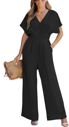 CUPSHE Combinaison d'été pour femme avec col en V, manches courtes chauve-souris et jambes évasées, tenue décontractée pour les vacances, Noir , M