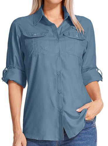 Jogwits Chemisier boutonnée Femme Manches Longues Protection UV UPF 50 | Chemises de randonnée Femme, Blouse Femme Classique, Vêtement Safari, Respirante & Séchage, Idéale pour Trekking, Golf