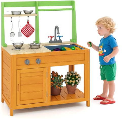 COSTWAY Cocina de Barro para Niños, Cocina Juguete de Madera al Aire Libre con Estufas Realistas, Grifo, Fregadero, Horno y Accesorios de Cocina, Set de Juego de Madera para Niños de 3+ Años