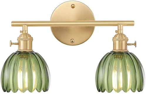 DLGLOLIN - Lámpara de pared de cristal con interruptor, 2 cabezales de lámpara de pared, lámpara de pared de cristal verde, lámpara de pared para cuarto de baño, sala de estar, dormitorio, cocina