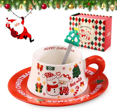 Shyllin Taza de Café de Navidad, 290ml,Juego de Tazas de Porcelana de Navidad,Taza de Té,Puede Ser Caliente o Frío,Viene con Cuchara y Plato,Adecuado para Regalar,Merry Christmas (Muñeco de Nieve)
