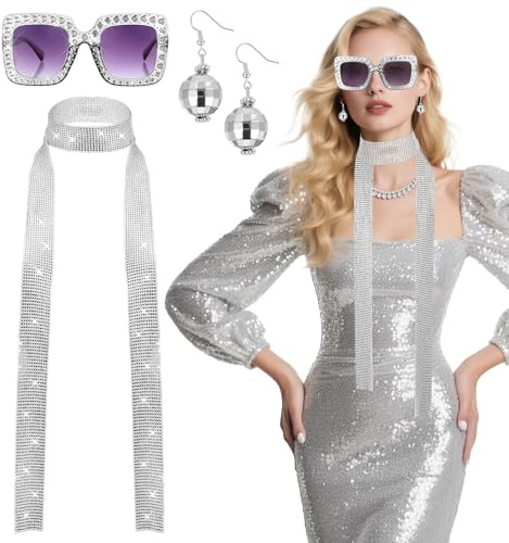 Abeillo 70s Disco Accessories for Women Sparkle Sequins Neck Scarf Earring Glasses 70s Outfits Disco Costume Accessories for Women
