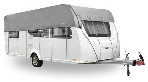 BERGER Dachschutzplane Wohnwagen Schutzhülle | Wetterfeste Wohnwagenabbdeckung in 9 Größen: 450–850 x 390 cm | Atmungsaktive Wohnwagenplane mit Tragebeutel & Spanngurten (800 x 390 cm)