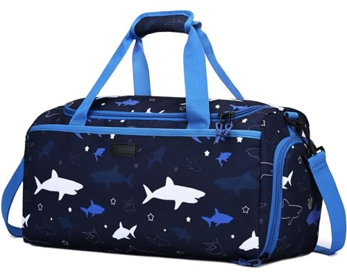 Overnight Bag for Kids, VASCHY Large Capacity Travel Duffle Bag for Boys Lightweight Holdall Gym Bag Weekender Bag with Shoes and Seperated Dry Wet Compartment for School, Dance, Sport（Blue Sharks）