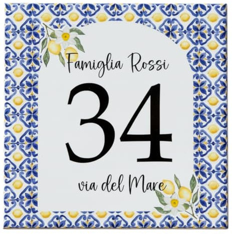 Numero Civico in Ceramica Personalizzabile 15X15cm, Targa Decorativa su Mattonella, con Indirizzo e Nome Famiglia, Made in Italy, Stile Maiolica Costiera Amalfitana