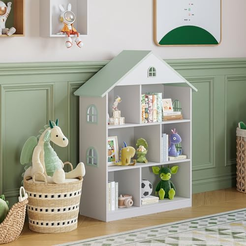 [en.casa] Kinderregal Vipsali Aufbewahrungsregal mit 6 Fächern Spielzeugregal 107 x 83 x 30 cm Kinderbücherregal Standregal Hausform Kinderzimmerregal MDF Weiß/Mintgrün